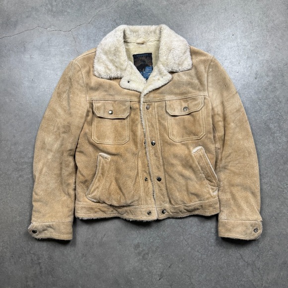 VTG Rugged Outerwear Jacket Mens 40 Beige Preowned Stain Suede Faux Fur Lined - Picture 1 of 9